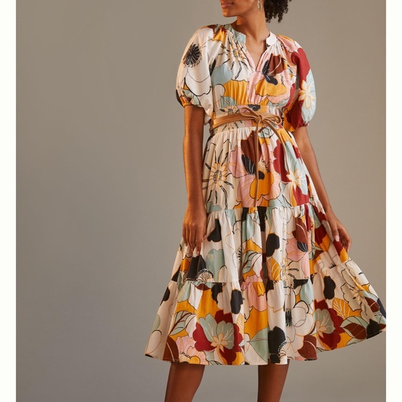 Anthropologie Dresses & Skirts - Floral Puff-Sleeve Tiered Midi Dress in Multi
